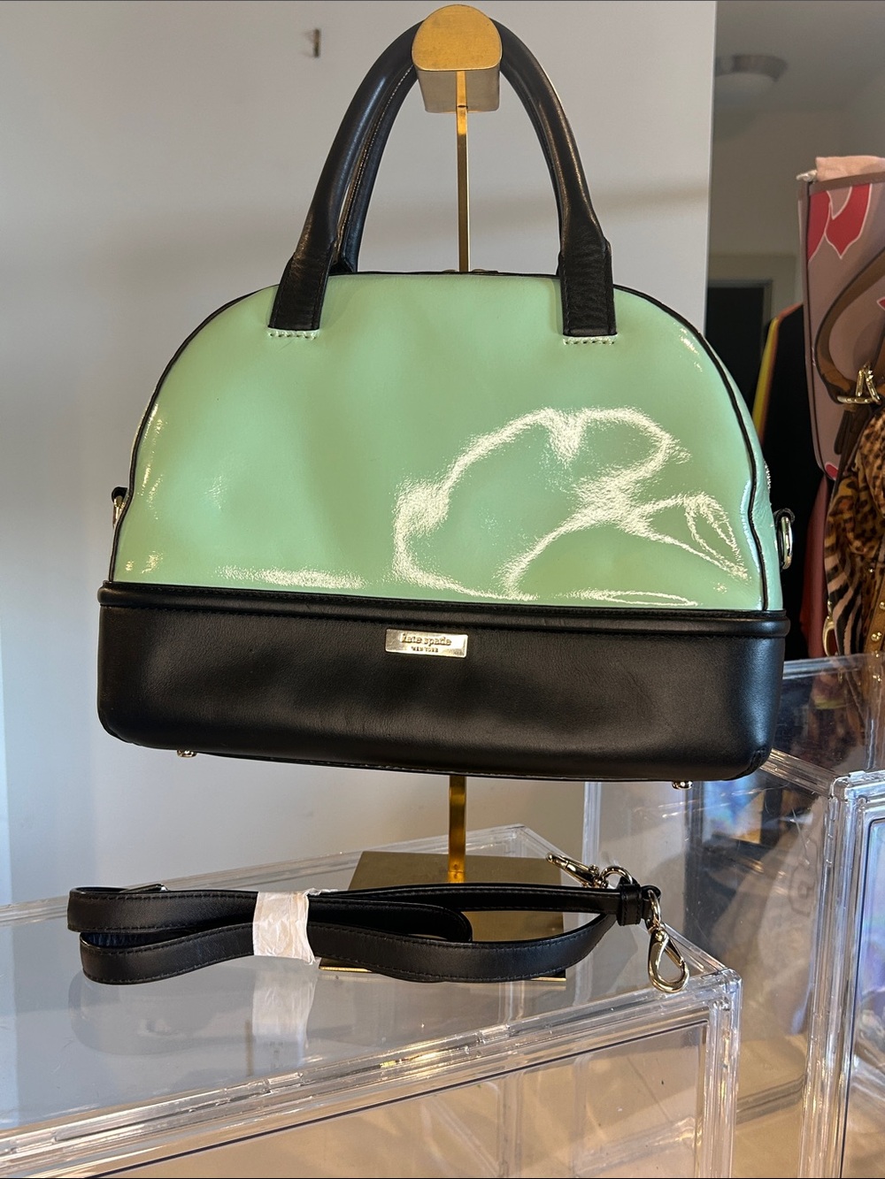 kate spade Chelsea Park Mint and Black Patent Dome Satchel 12.5”x 5”x 9.5” EUC - Picture 5 of 8